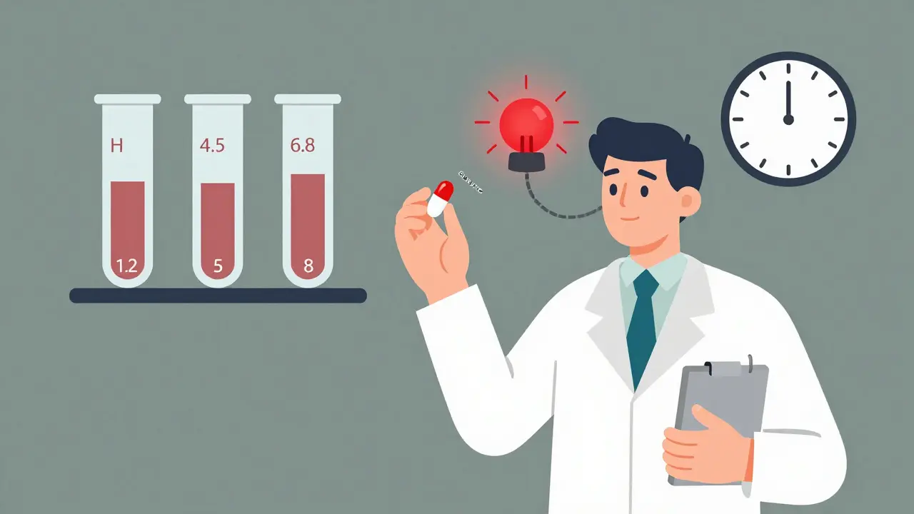 Pharmacist comparing two pills with mismatched dissolution profiles in pH test tubes under a time-based alarm.
