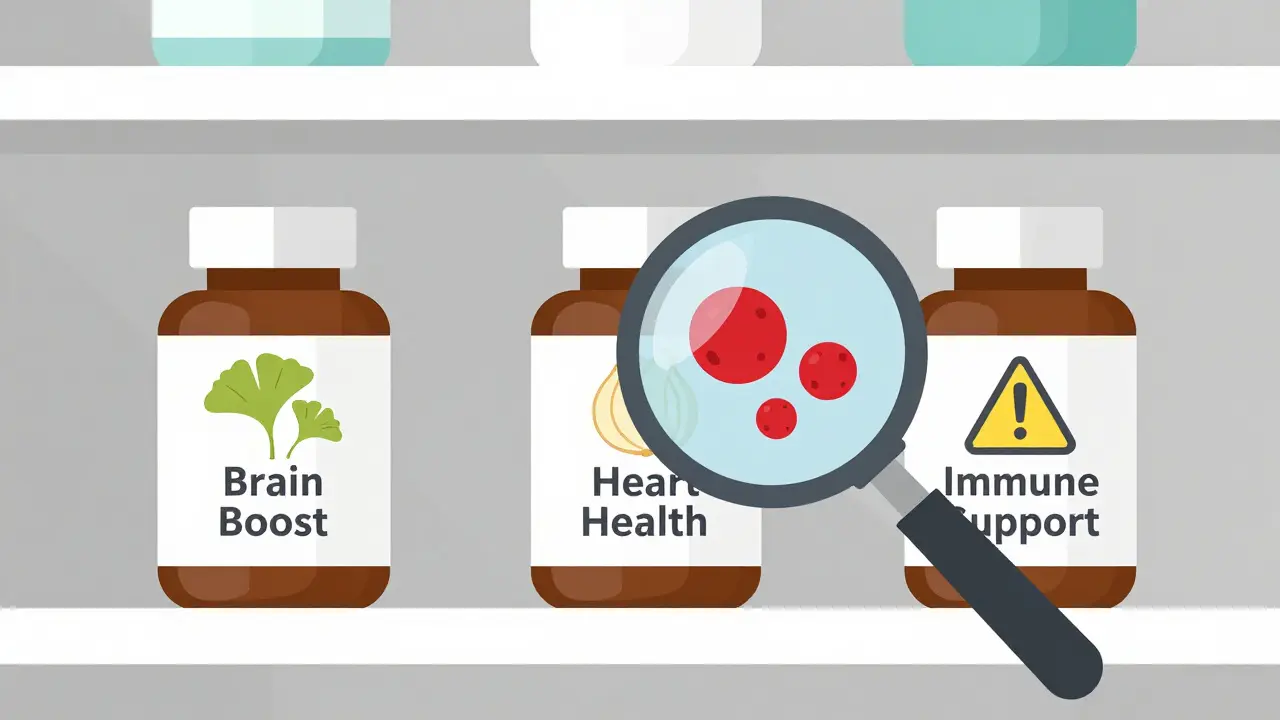 Pharmacy shelf with herbal bottles containing hidden danger symbols revealed by magnifying glass.