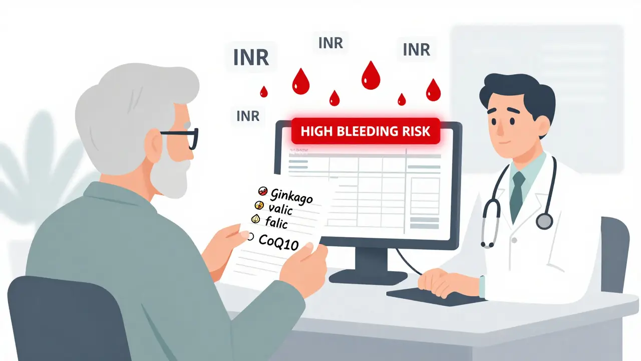 Senior patient giving supplement list to doctor while red alert appears on medical screen.