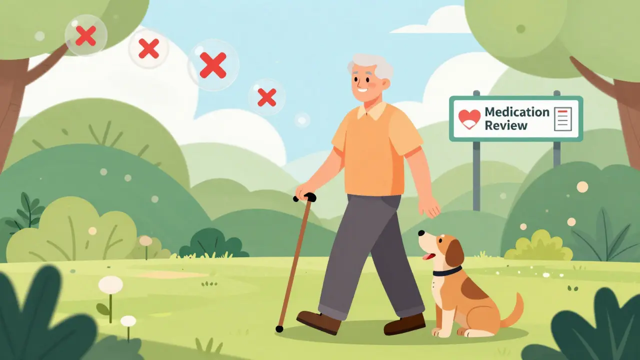 Senior walking in a garden as unnecessary pills fade away behind him.