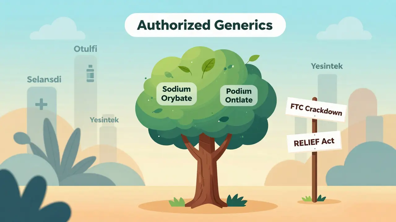 Shrinking tree with two remaining authorized generic drugs, surrounded by biosimilars and regulatory signs.
