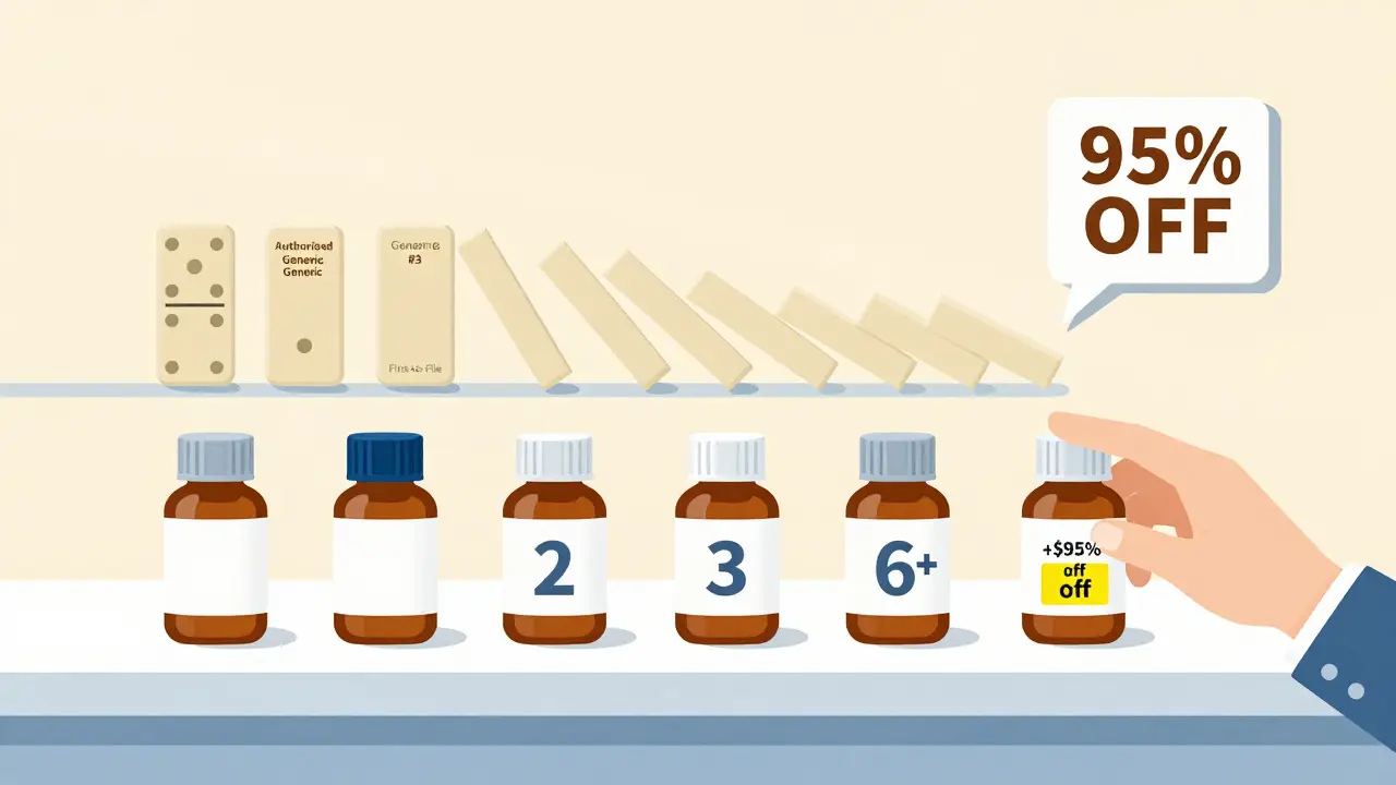 Six generic drug bottles in a line, with dominoes falling to show price drop as more enter the market.