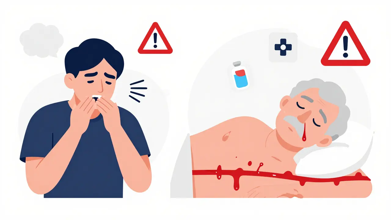 Split illustration of diabetic ketoacidosis and hyperosmolar hyperglycemic state with medical warning symbols.