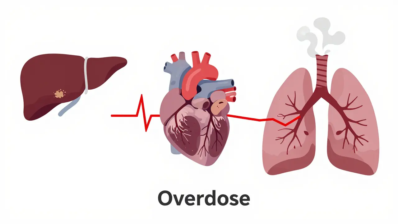Three damaged organs — liver, heart, lungs — illustrated with signs of harm connected by a broken line representing overdose consequences.