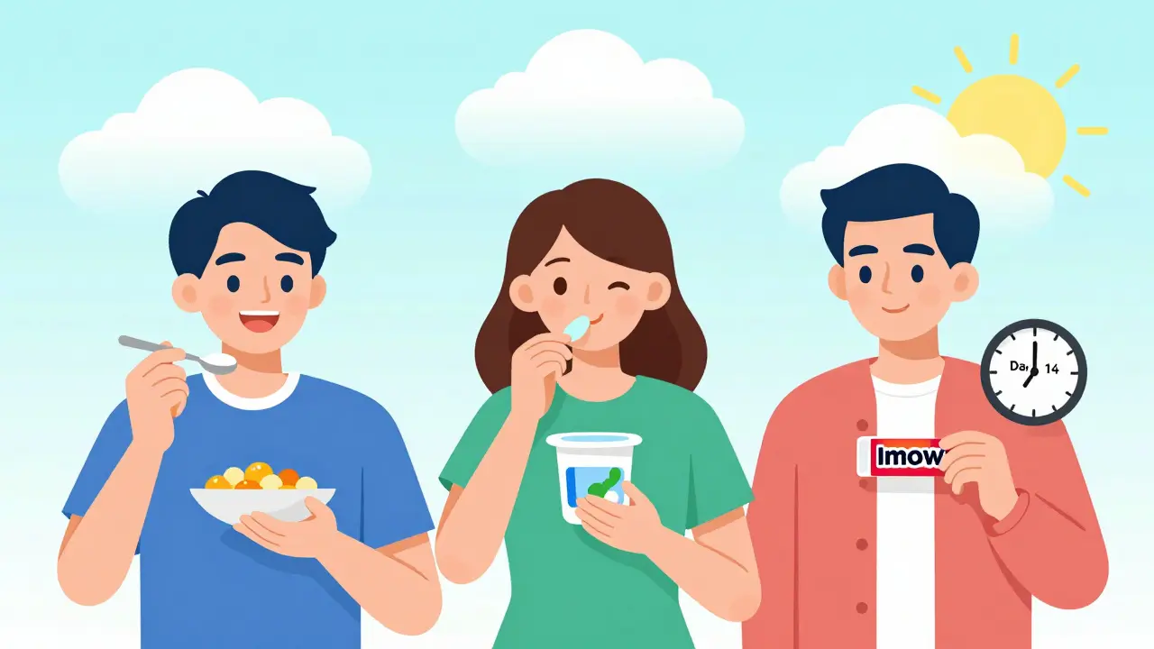 Three people overcoming vilazodone diarrhea with food, probiotics, and time, symbolizing gradual improvement.