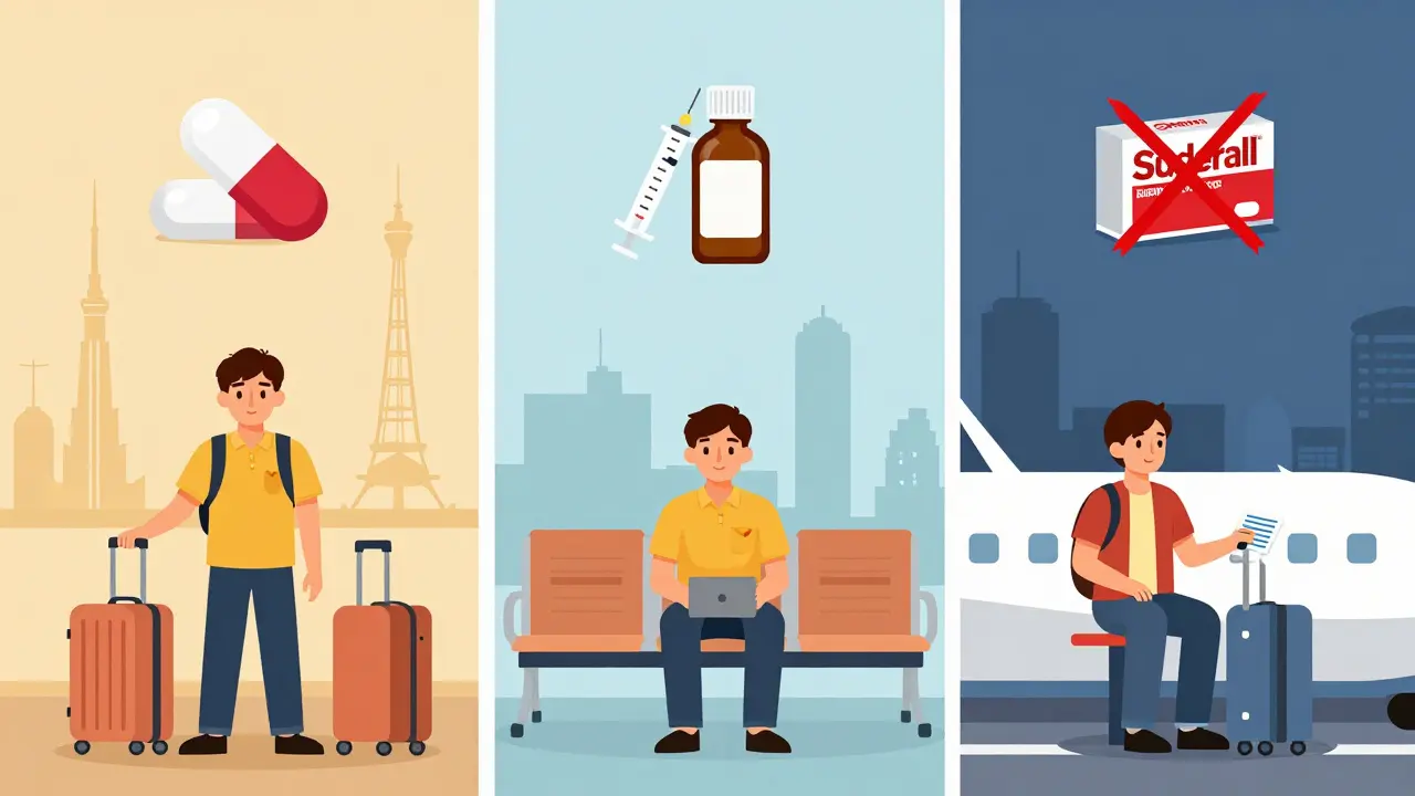 Three travelers in different airports: one detained, one delayed, one cleared — with banned substance icons above.