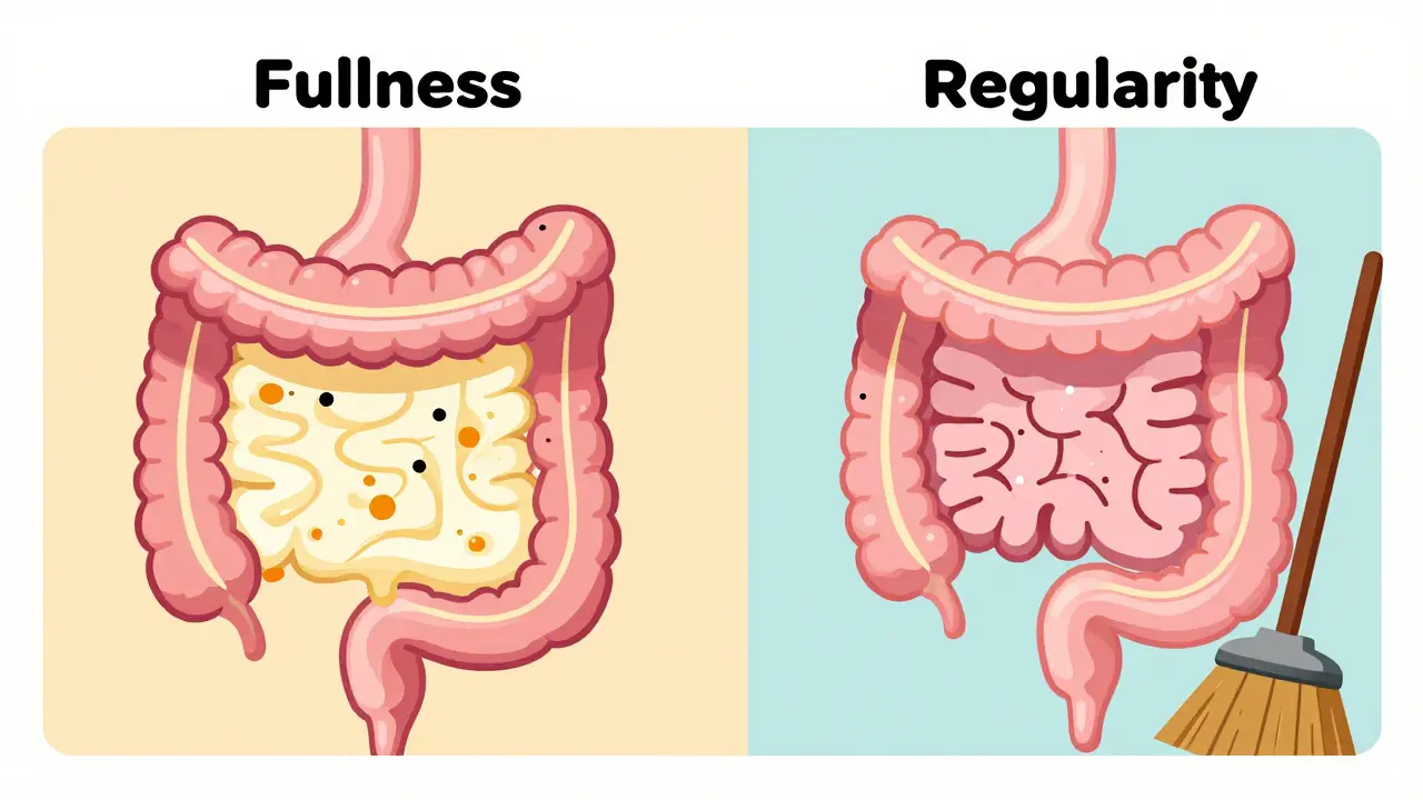 Two stylized digestive systems showing soluble fiber forming gel and insoluble fiber acting like a broom.