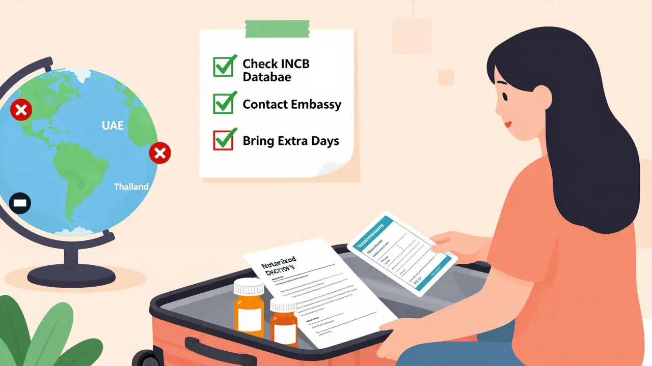 Woman packing travel meds with checklist, doctor’s letter, and international certificate in carry-on bag.