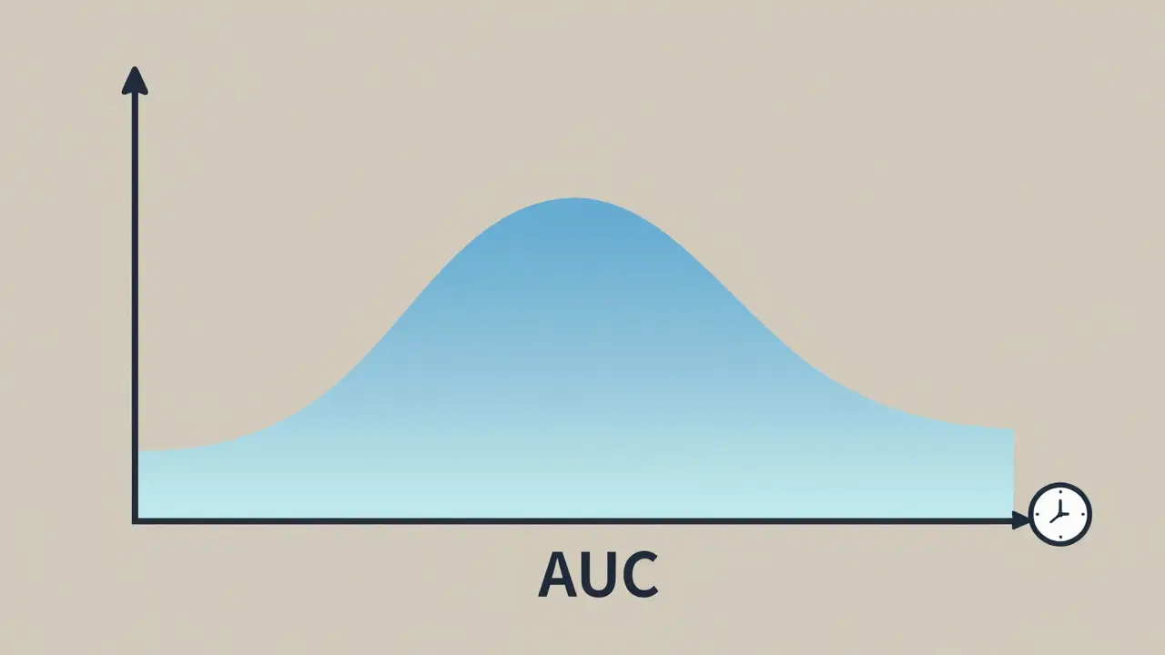 A graph with a hill-shaped AUC curve representing total drug exposure over time in flat design.
