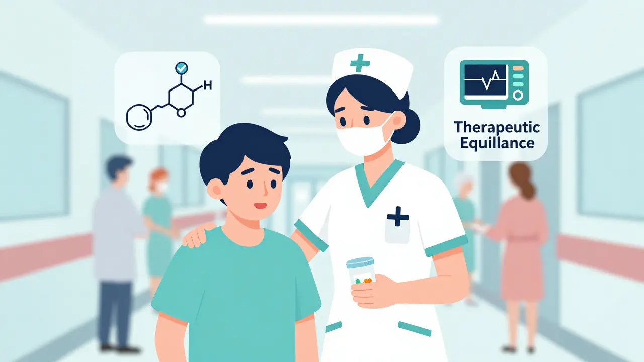 A nurse comforts a patient while icons of therapeutic equivalence float around them.