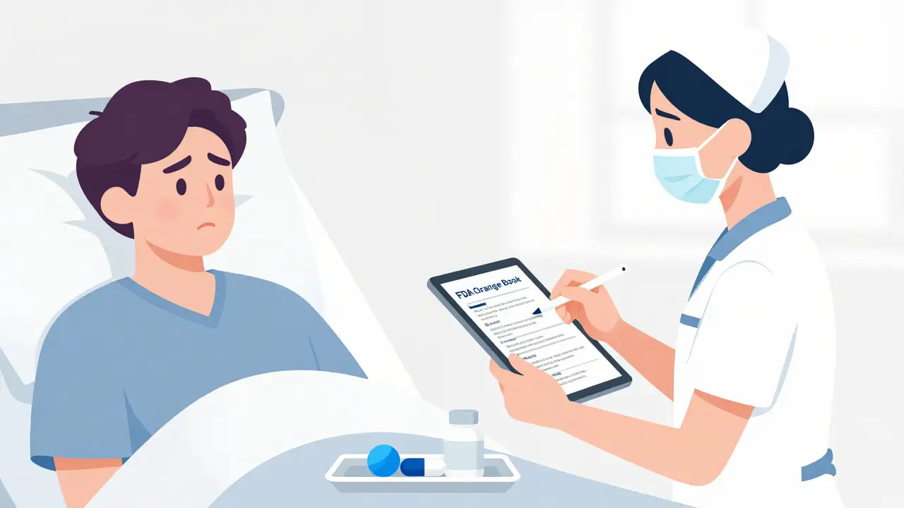A nurse explains generic medication using an FDA Orange Book on a tablet screen.