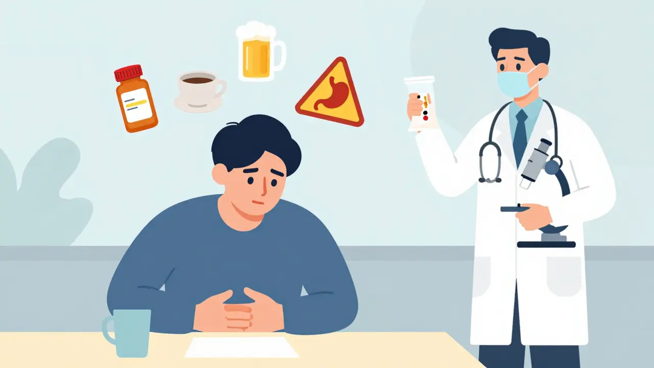 A person with stomach discomfort surrounded by common triggers and medical tools like a breath test and microscope.