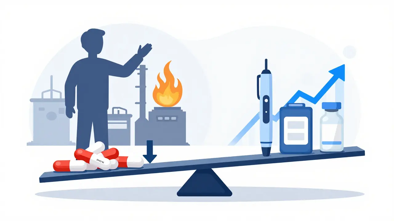 A scale tipping between low-margin pills and high-value medical products, with a patient reaching for medicine in the background.