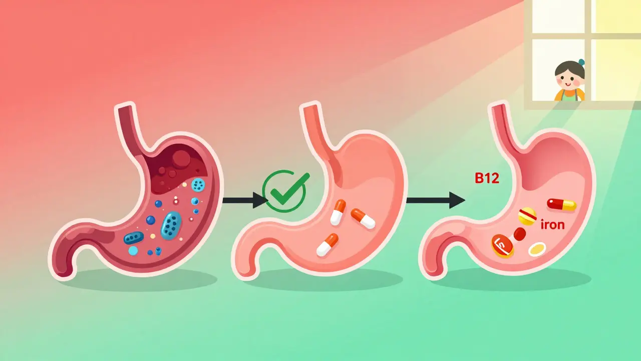 A visual timeline of stomach healing after H. pylori treatment, from damage to recovery with nutrient absorption.