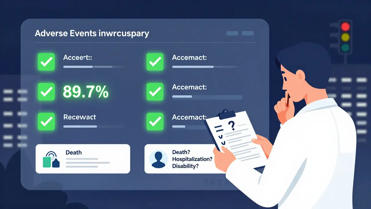 AI dashboard analyzing adverse events with human reviewer using decision checklist
