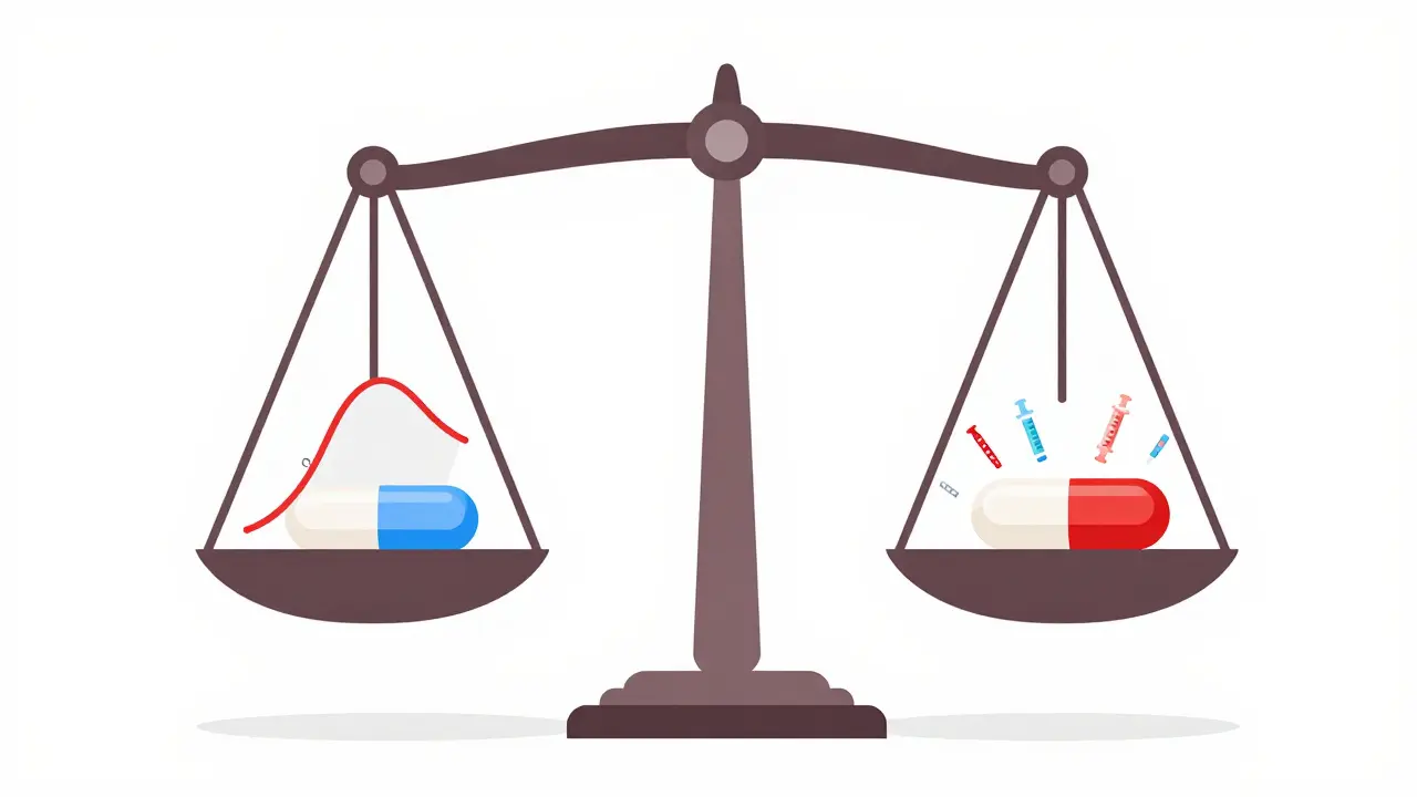 Balanced scales showing brand and generic pills with identical pharmacokinetic curves in flat illustration style.