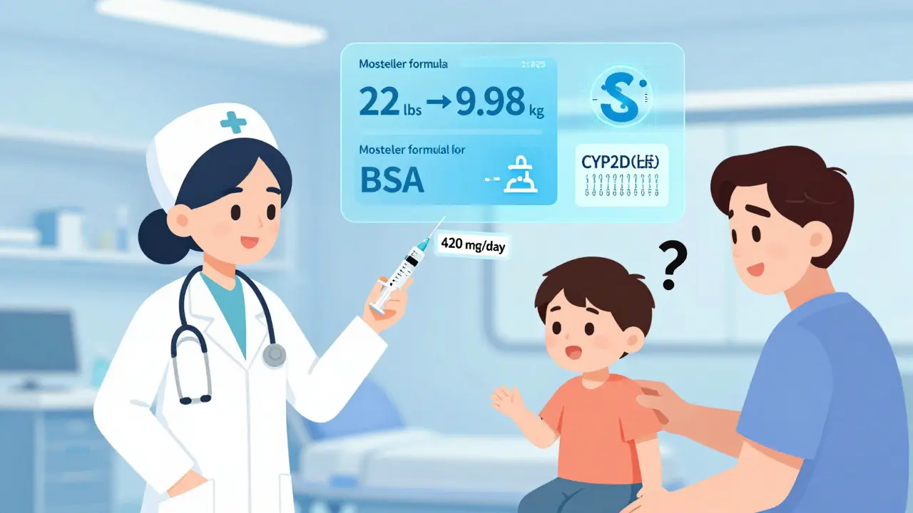 Child receiving medication amid floating digital dosing formulas and genetic data, parent asking questions.