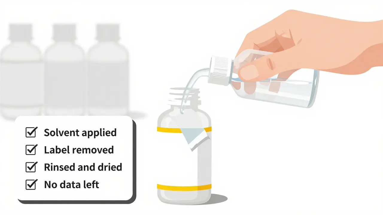 Clear solvent being poured onto a prescription bottle label as it begins to peel away cleanly.