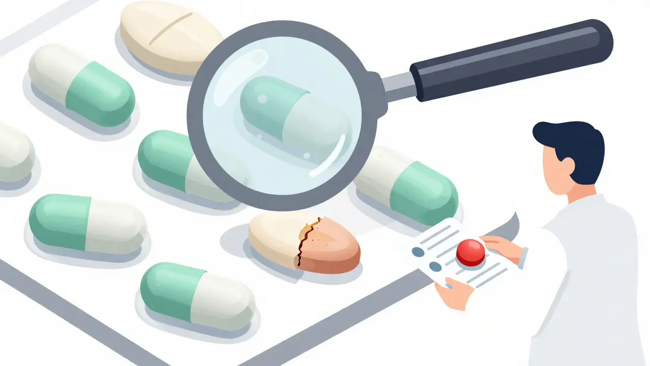 Close-up of uneven generic pills in a blister pack, one cracked open showing inconsistent powder, with a magnifying glass highlighting the flaw.