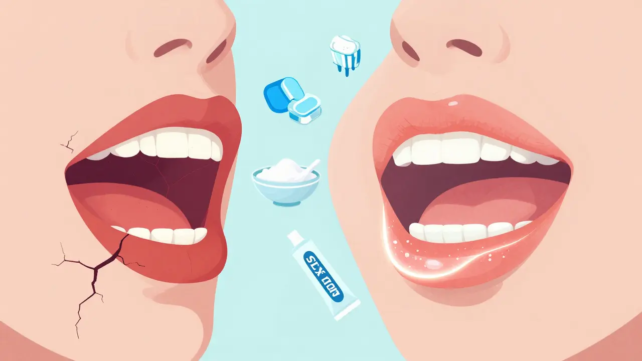 Comparison of damaged mouth vs. protected mouth with prevention tools illustrated around it