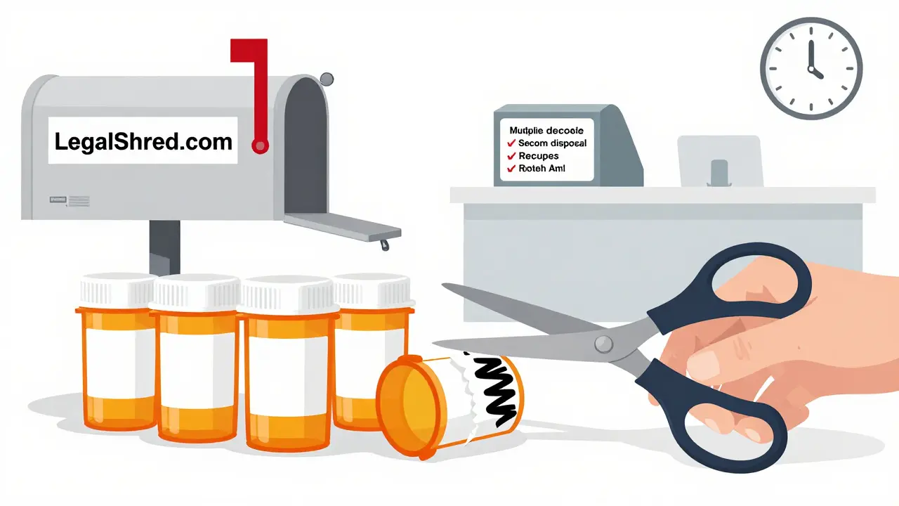 Empty pill bottles being cut into strips with scissors, some marked with black marker, near a pharmacy drop-off station.