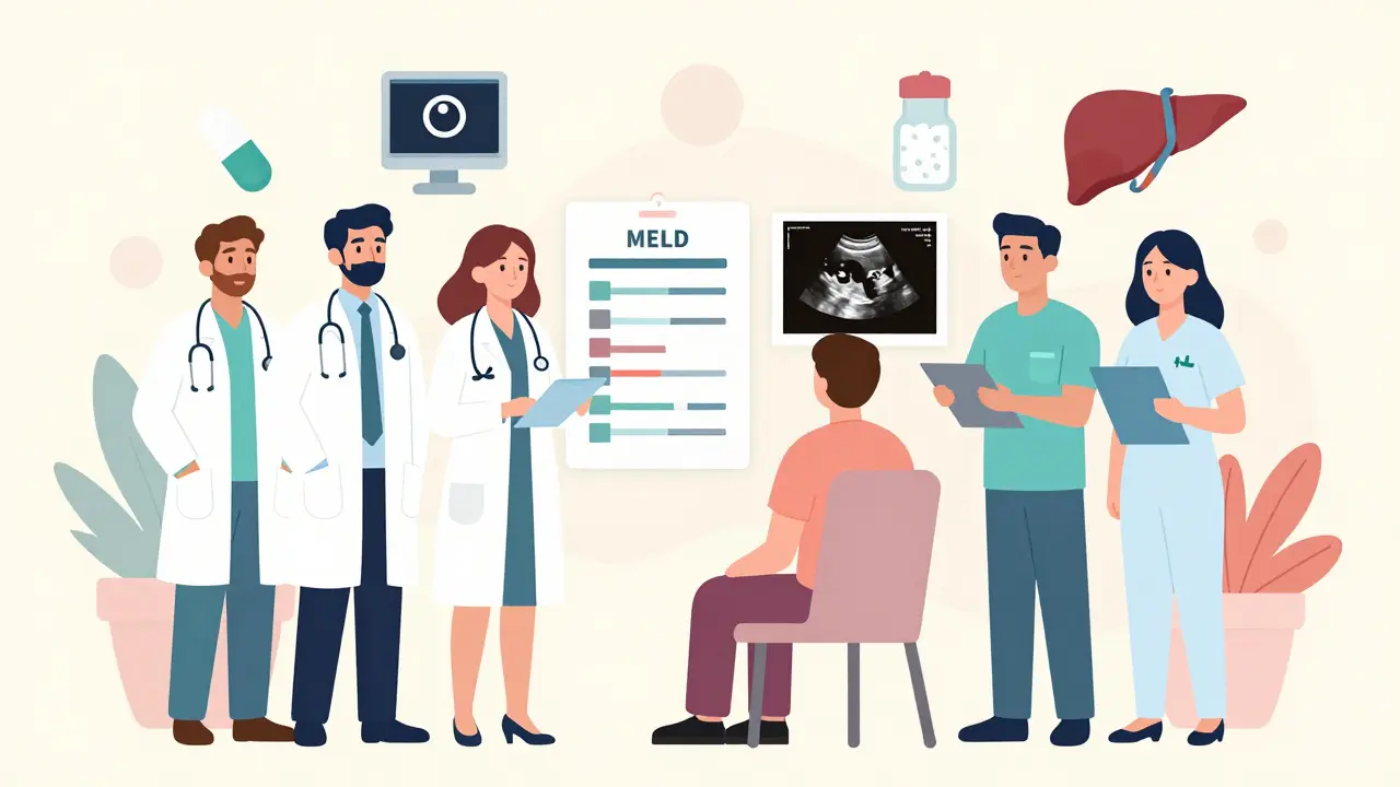 Healthcare team supporting a cirrhosis patient with monitoring tools and care icons.