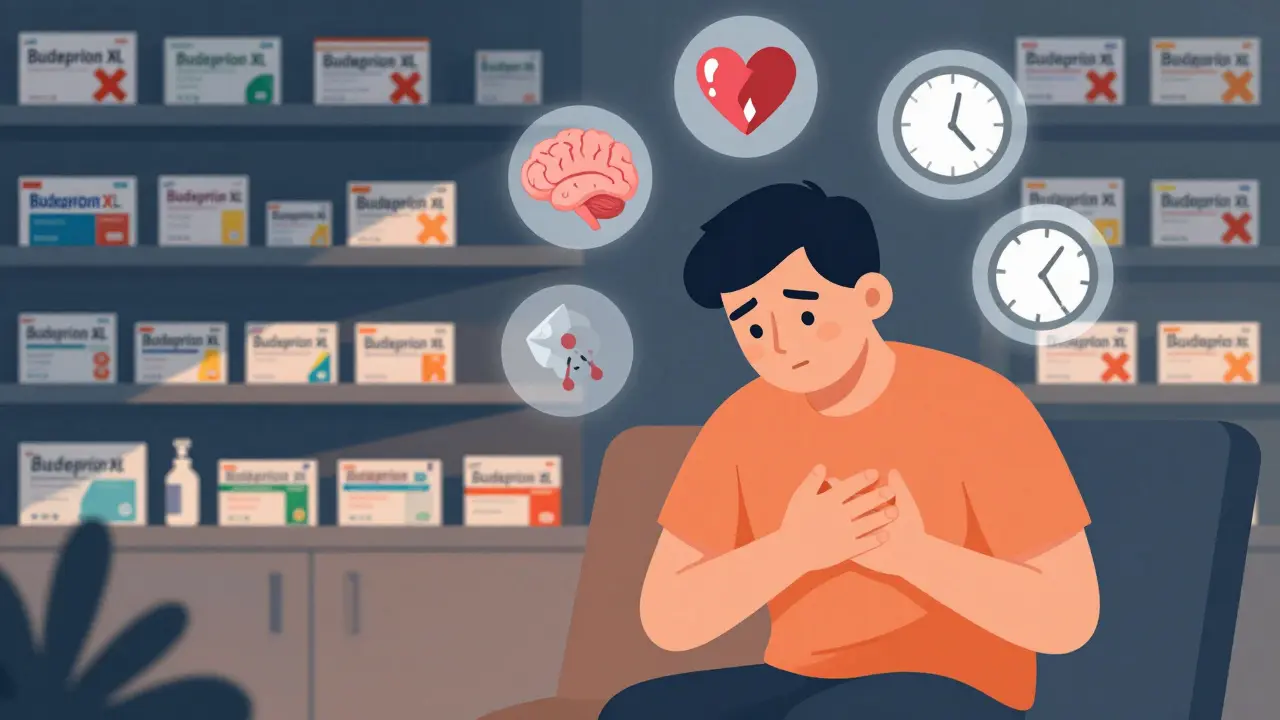 Patient in distress with floating health icons above them, surrounded by shelves of generic drug boxes with different manufacturer labels.