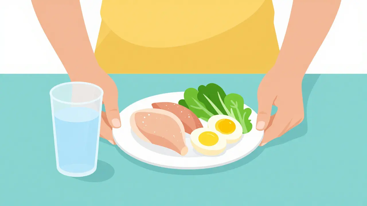 Person preparing small meal with lean protein and vegetables, portioned neatly.