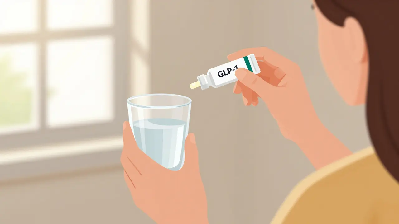 Person taking morning dose of GLP-1 medication with sunlight, glass of water.