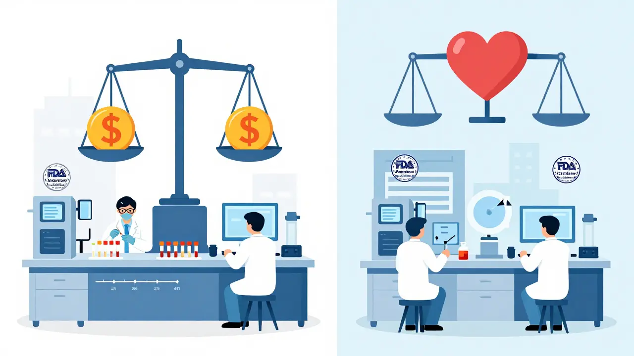 Side-by-side factory scenes with FDA inspections and bioequivalence testing