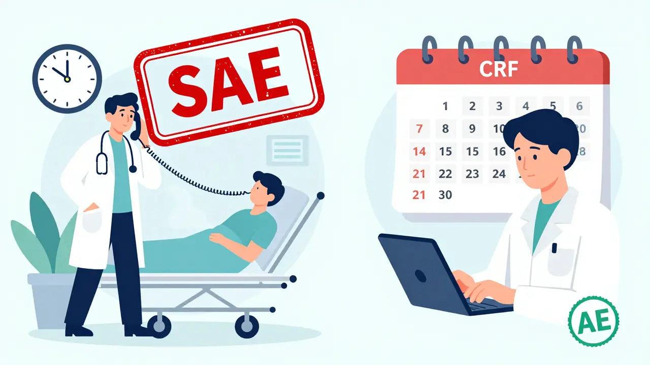 Split scene of urgent SAE reporting vs routine non-serious AE documentation