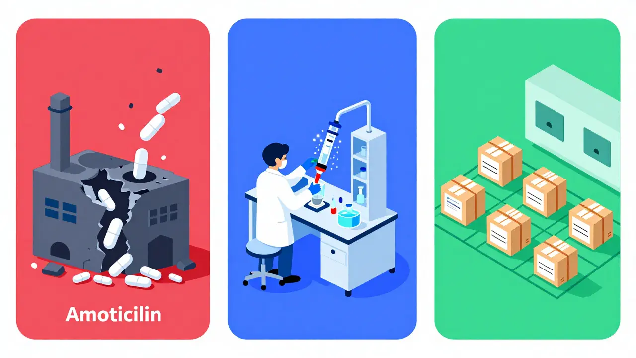 Three paths for generic drug manufacturers: simple pills, complex formulations, and contract manufacturing shown in distinct visual zones.