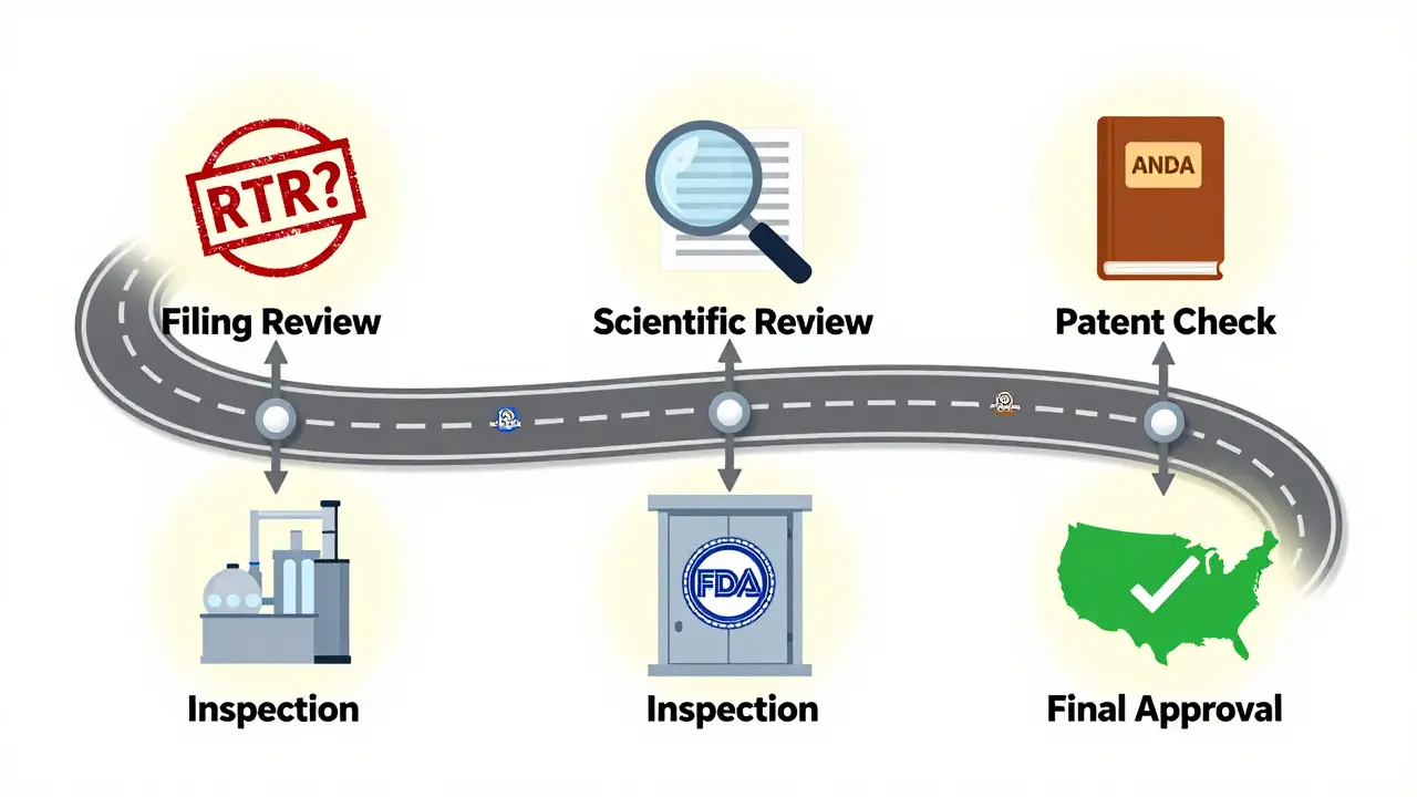Timeline of ANDA approval process with five checkpoints and drug company logos
