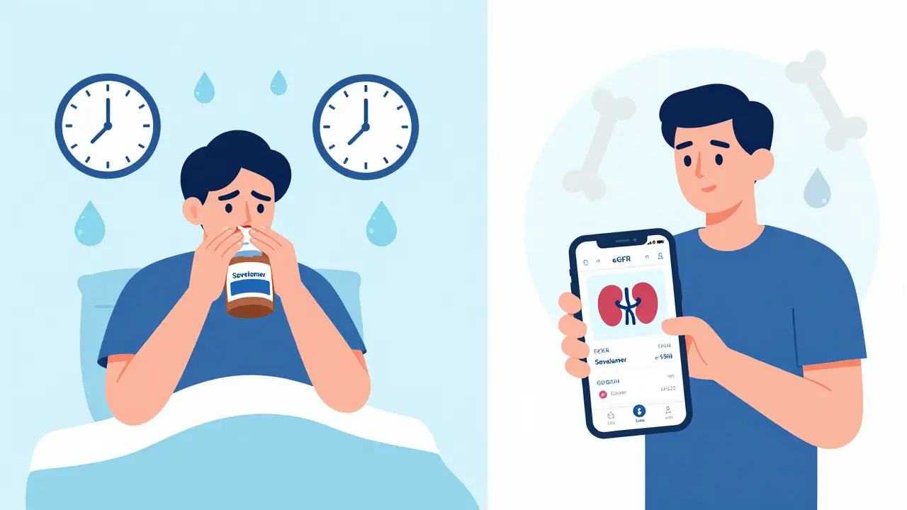 Two patients: one struggling with nighttime urination from diuretics, another using a kidney medication app for better management.