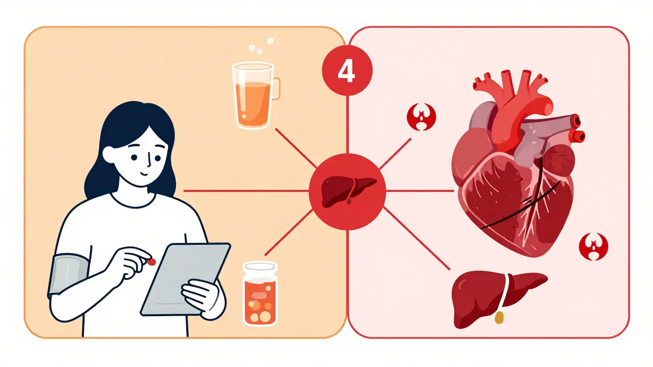 A person's daily routine with warning symbols showing dangerous interactions between meds, juice, and supplements.