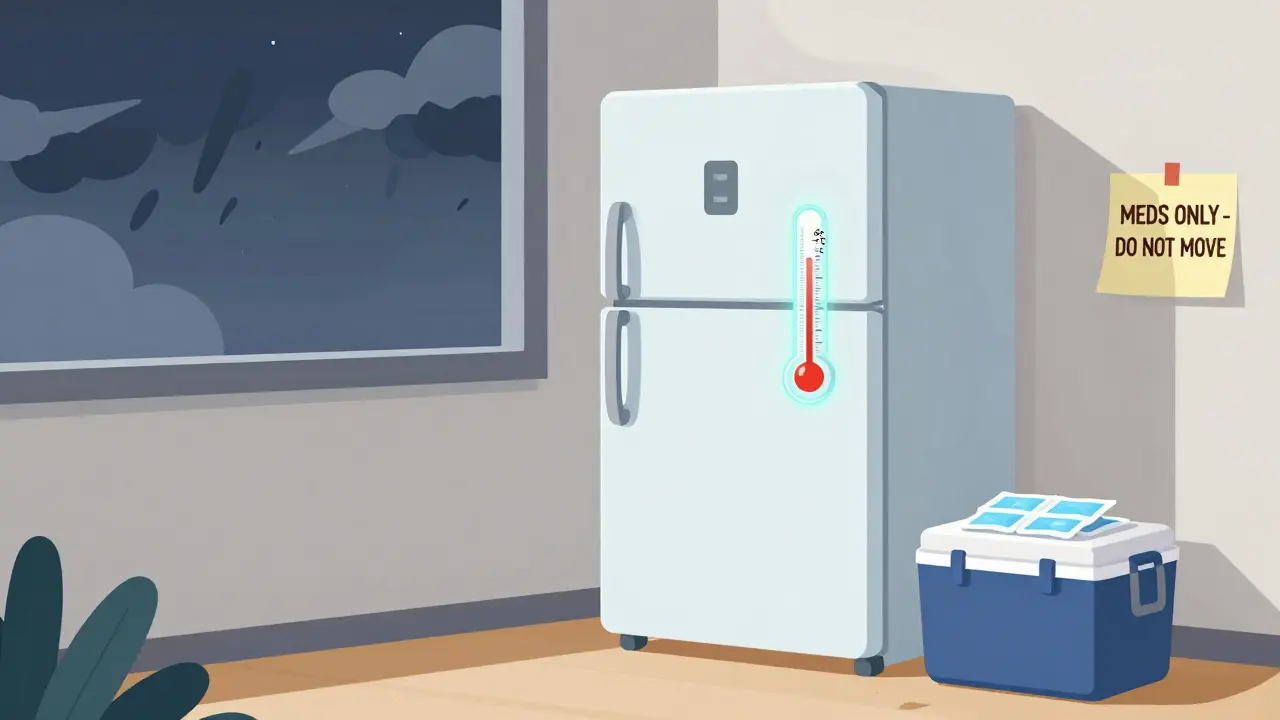 Closed fridge during power outage with backup cooler ready, sticky note reading 'MEDS ONLY - DO NOT MOVE.'