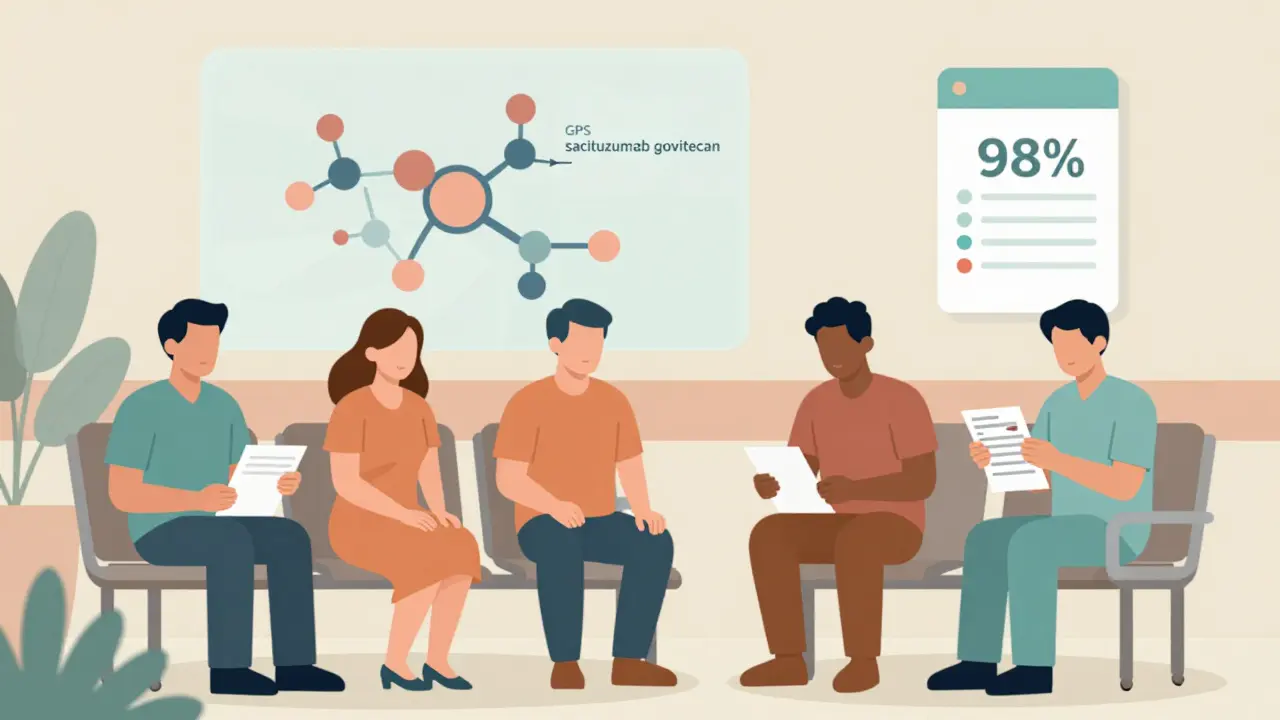Diverse patients in a waiting area with hidden molecular targeting and pharmacy safety checklist in flat illustration style.