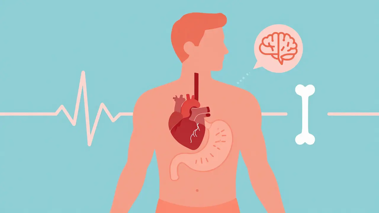 Human silhouette with internal organs highlighted showing physical health impact.