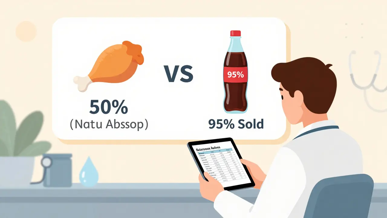 Patient and dietitian reviewing nutrient data on a tablet, with infographic showing phosphorus absorption differences.