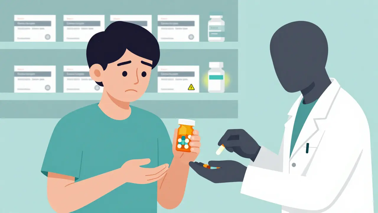 Patient receiving counterfeit medication that looks identical to real generic drugs, unaware of the danger.