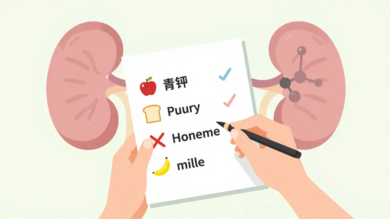 Person checking a grocery list with kidney-safe foods marked, while crossing out high-potassium items like bananas and cola.