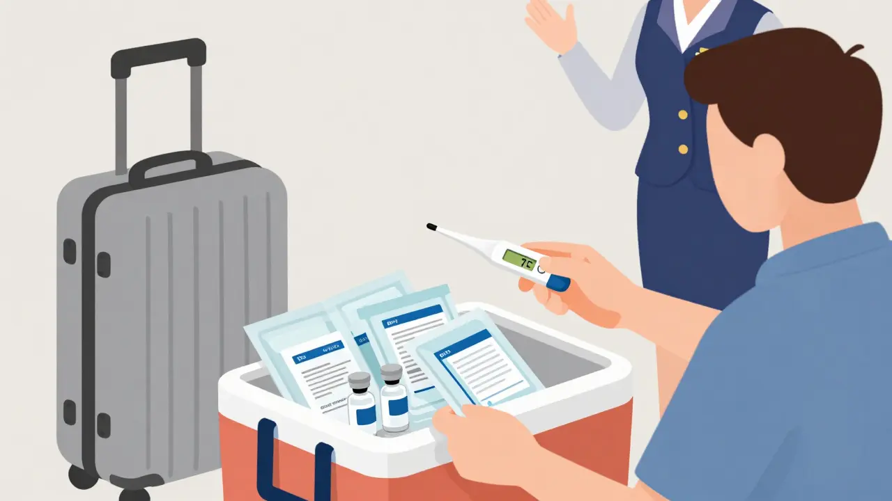 Person packing insulin and gel packs into a cooler for air travel, with portable thermometer and no checked luggage.
