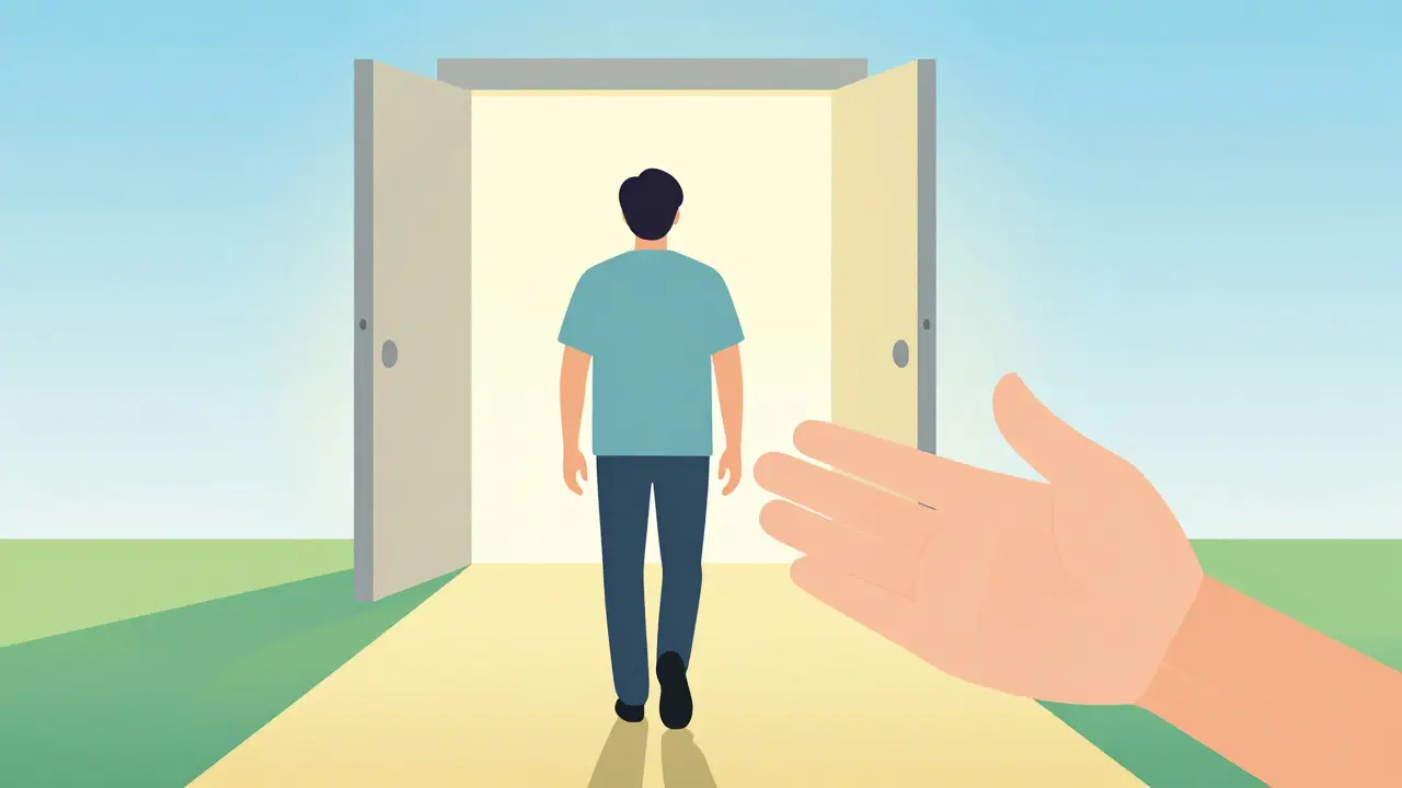 Person walking toward light with supportive hand symbolizing recovery path.