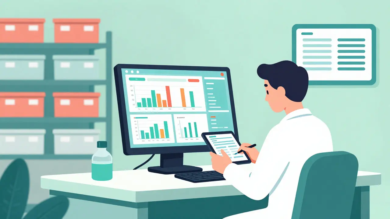 Quality control station showing digital monitoring dashboards and data analytics interface