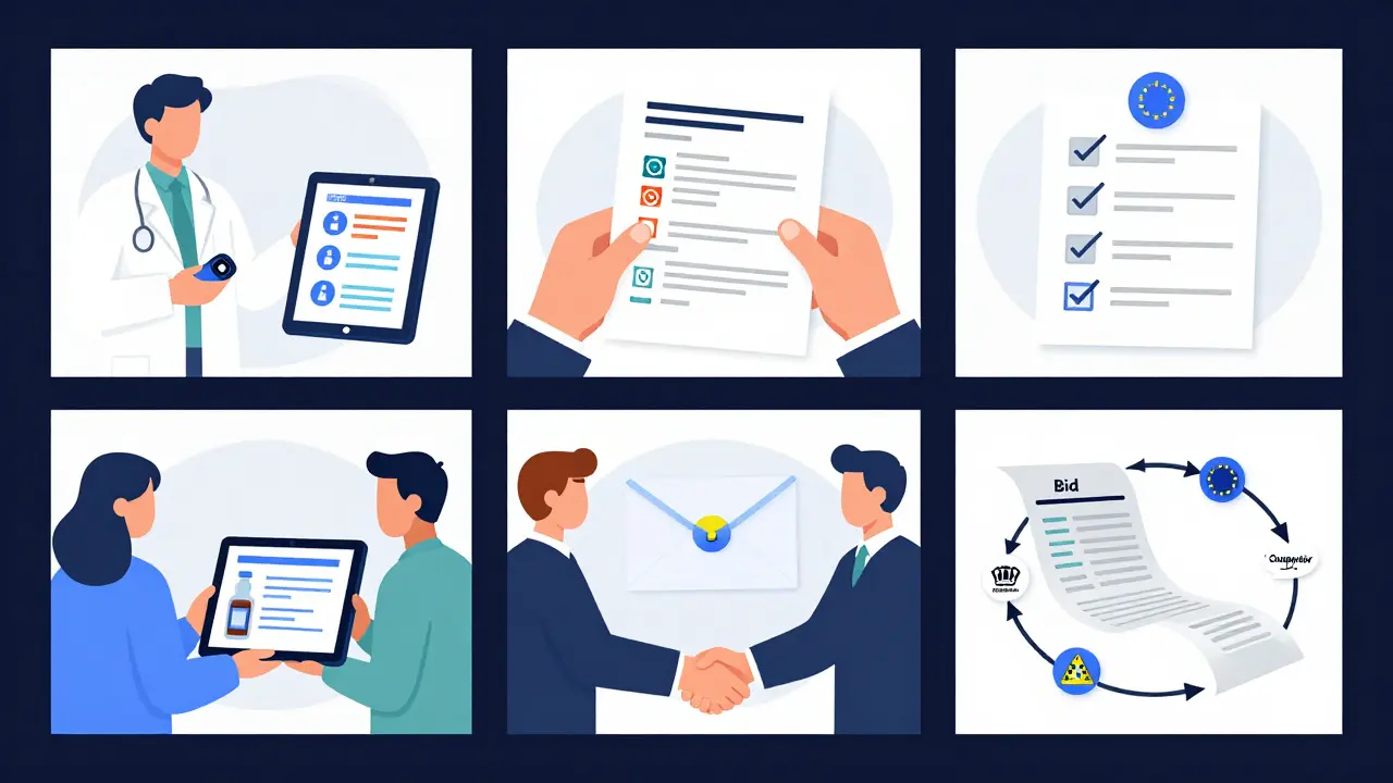 Six illustrated steps of the EU generic drug tendering process, from alert to framework agreement.