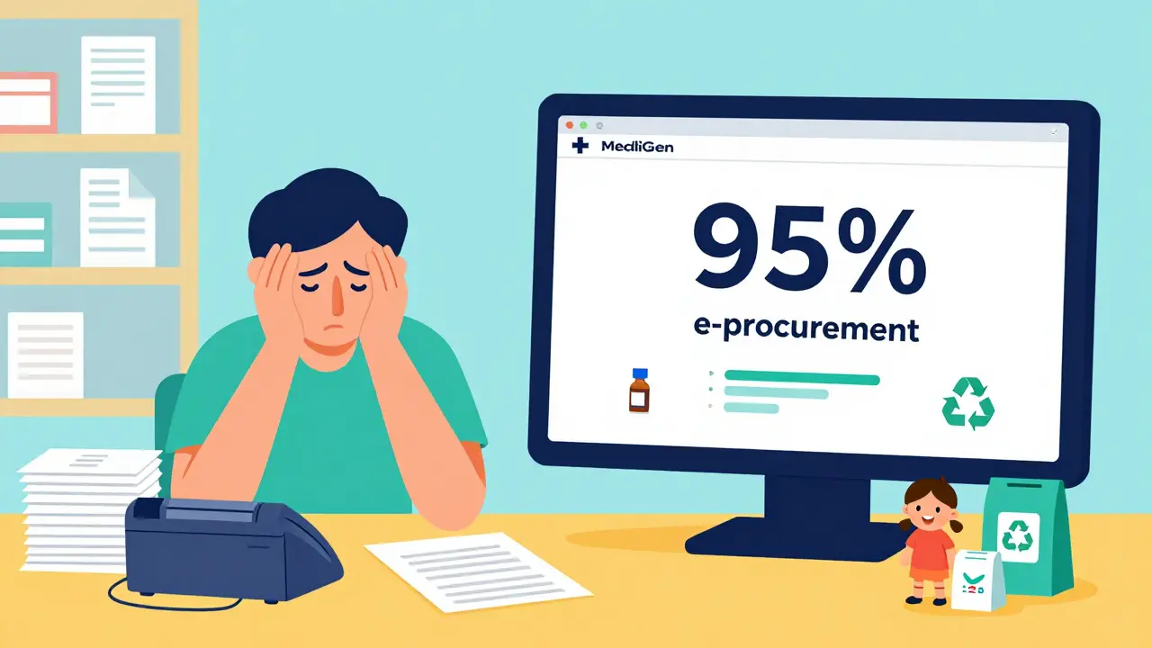 Small pharmacy overwhelmed by paper vs. digital procurement success with child-friendly drug win.