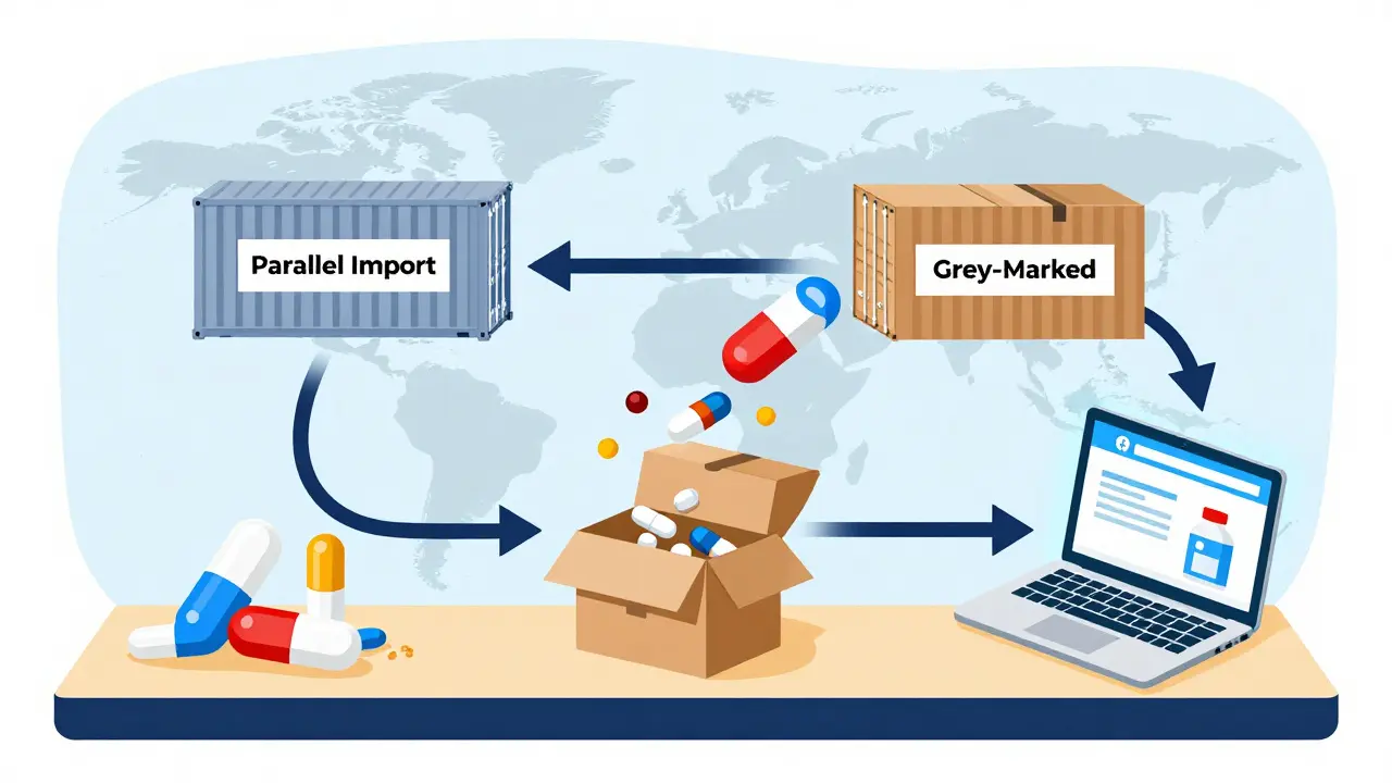 Supply chain showing how fake drugs enter through parallel imports, grey markets, and illegal online pharmacies.