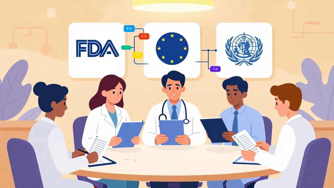 Team meeting discussing compliance requirements with regional standard framework comparison