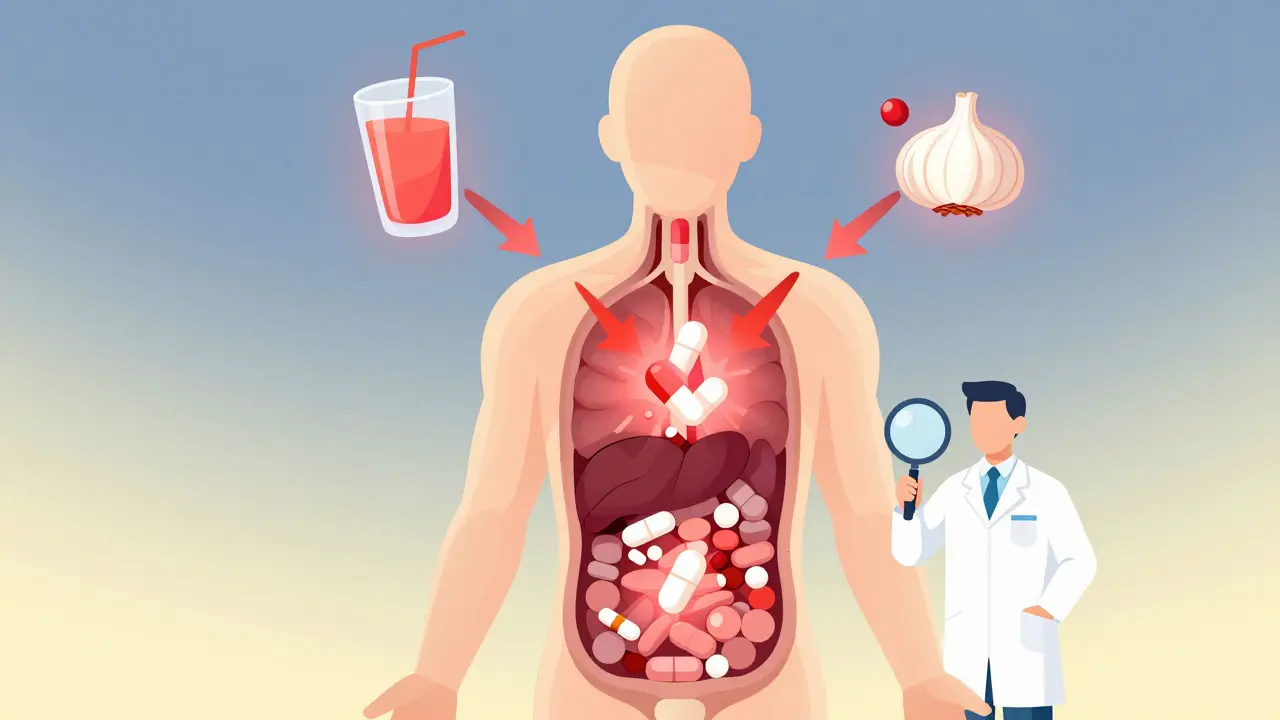 Transparent human body showing drug interactions inside organs, with a pharmacist using a magnifying glass to review them.