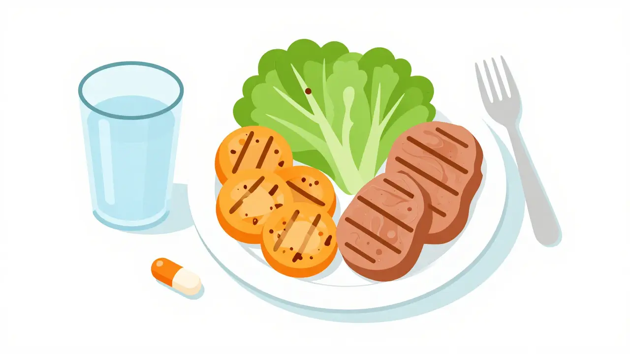 A low-fat meal with vegetables and a single medication capsule on a clean table